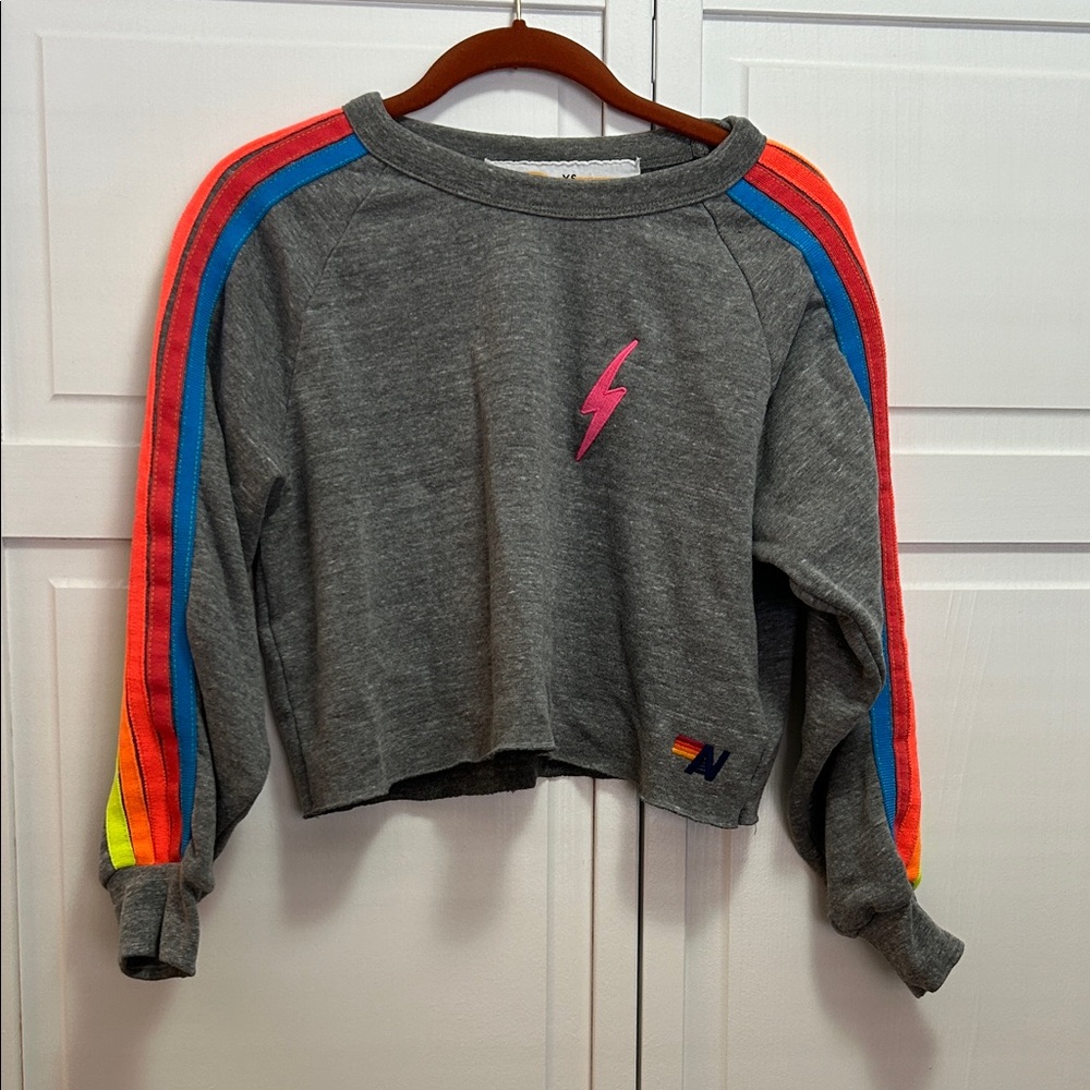 Aviator Nation Gray Cropped Sweatshirt with Neon Stripes